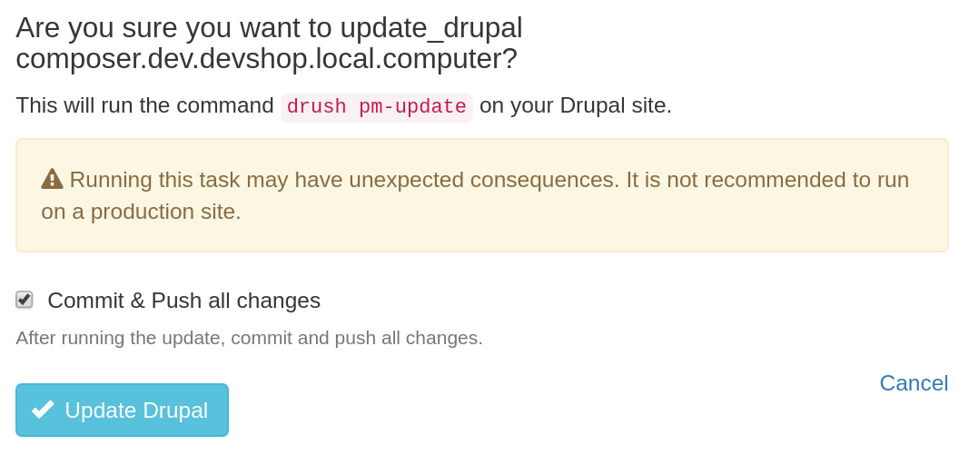 Screenshot of Update Drupal confirmation form, with "Commit & Push" checkbox.